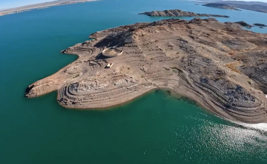 Islands revealed at the water level in Lake Mead retreats to record lows in this photo taken from a helicopter in early Jul. 2022.