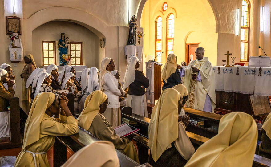 Nuns attend morning mass in the chapel at the Little Sisters of St. Francis.