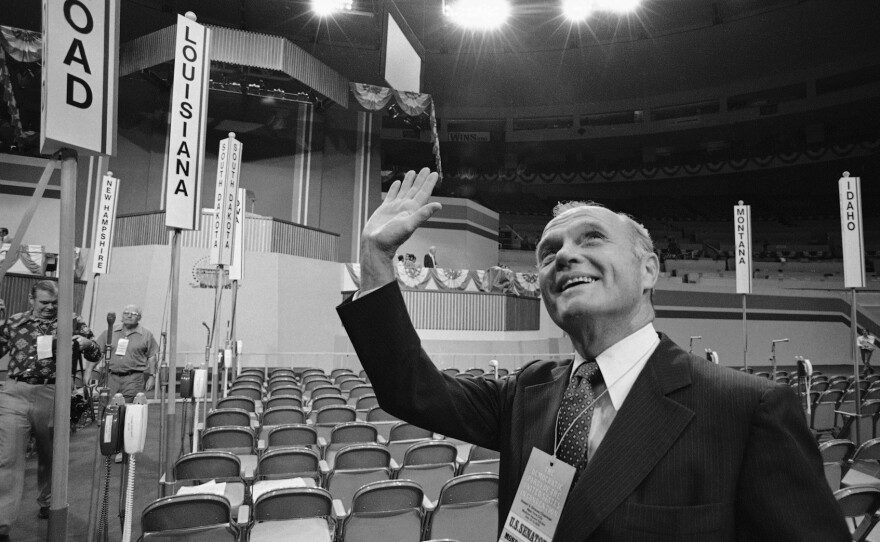 Sen. John Glenn, D-Ohio, one of the keynote speakers at the July 12, 1976, opening of the Democratic National Convention, responds to greetings on the floor of Madison Square Garden in New York.