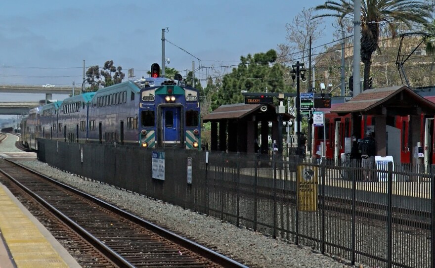 A Coaster commuter train is shown coming into Old Town Station on April 28, 2023.