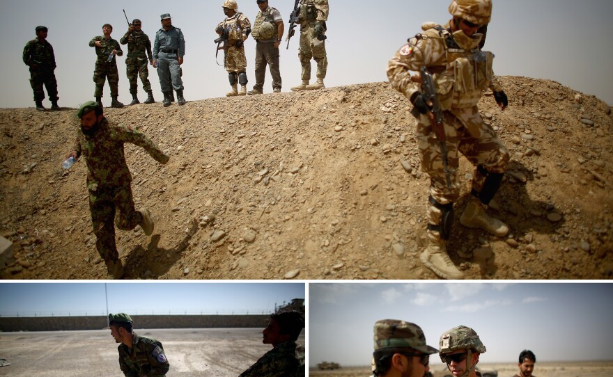 (Top) Afghan, U.S. and Romanian soldiers on a berm at the Tarnak Training Range, where they are learning to use artillery. (Left) An Afghan soldier runs toward a mortar with a practice "round" — a water bottle. (Right) U.S. Army trainer Maj. Kevin McCormick talks with Afghan army 1st Lt. Hayatullah Frotan during an artillery training exercise.