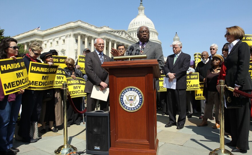 Assistant House Minority Leader Rep. James Clyburn (D-SC) speaks at a news conference on Capitol Hill in April.  House Democrats called on the Republicans not to end Medicare.