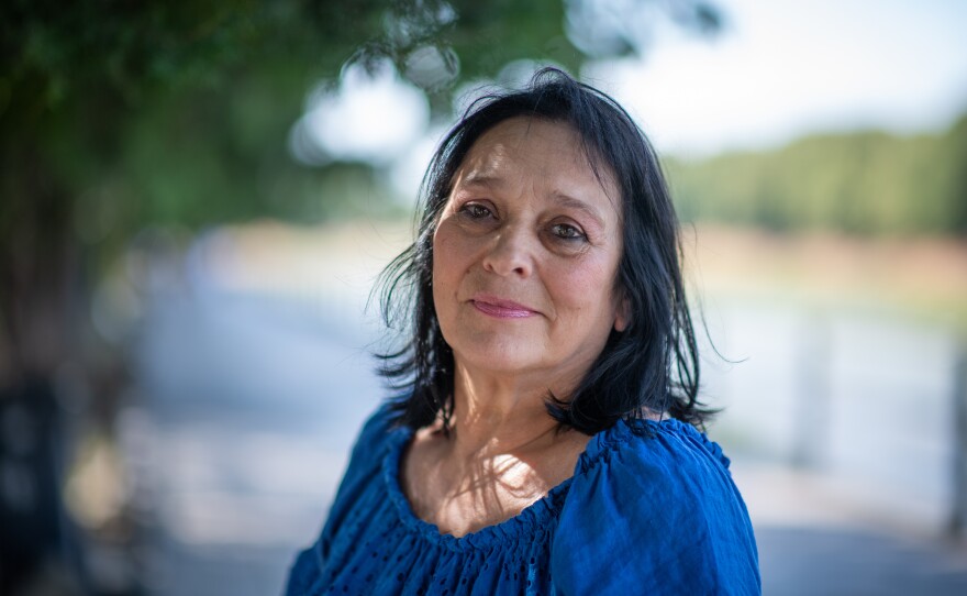 Vira Lebedynska, actress for the Donetsk Regional Drama Theatre of Mariupol, poses in Uzhhorod on July 15, 2022.