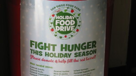 A barrel of donated food sits at the San Diego Food Bank waiting to be sorted.