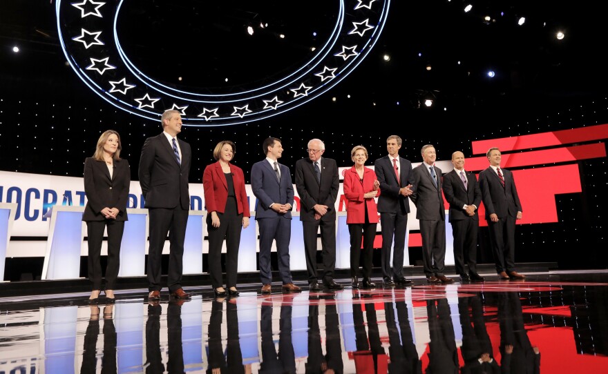 From the Democratic presidential debates hosted in Detroit, candidates (left) Marianne Williamson, Rep. Tim Ryan, Sen. Amy Klobuchar, Mayor Pete Buttigieg, Sen. Bernie Sanders, Sen. Elizabeth Warren, former Rep. Beto O'Rourke former Gov. John Hickenlooper, Rep. John Delaney, and Gov. Steve Bullock.