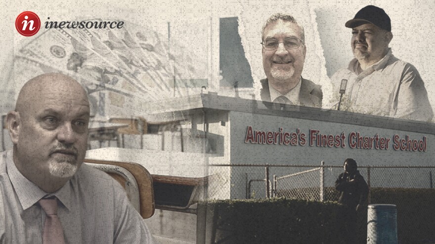 A graphic illustration showing the outside of America's Finest Charter School in Chollas view with images of key people at the school in the background as well as one hundred dollar bills.