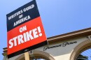 Screenwriters on strike protest in front of Paramount Studios on May 2, 2023 in Los Angeles, Calif.