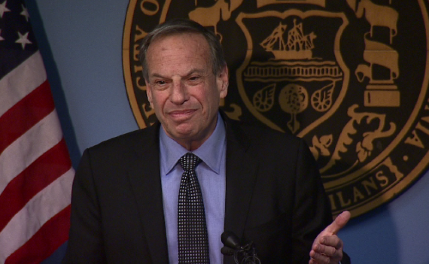 Mayor Bob Filner speaks after crashing a press conference held by City Attorney Jan Goldsmith.