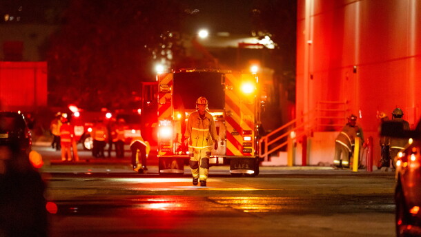 First responders work the scene after a helicopter crashed near a bus crash in Chatsworth, a neighborhood in Los Angeles, Tuesday, Sept. 15, 2026.