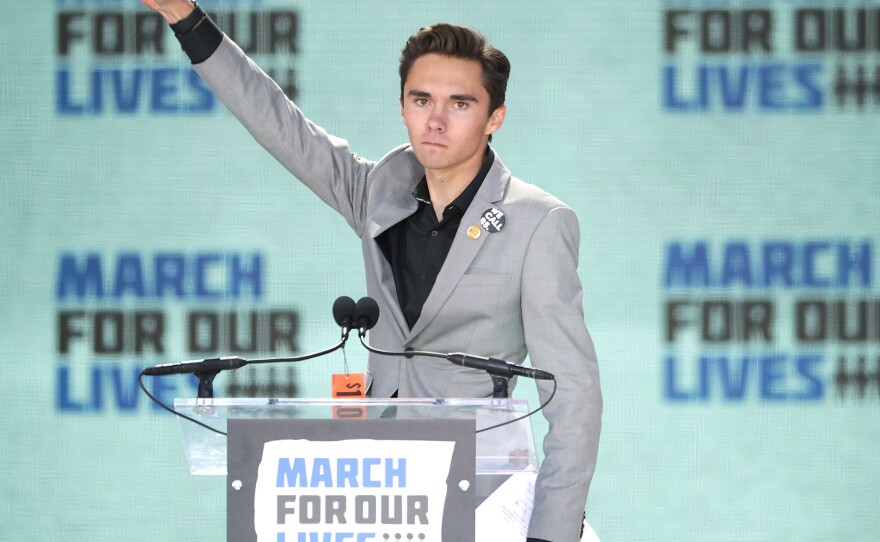 Marjory Stoneman Douglas High School Student David Hogg addresses the March for Our Lives rally on March 24, 2018, in Washington, D.C. Hundreds of thousands of demonstrators, including students, teachers and parents gathered in Washington for the anti-gun violence rally organized by survivors of the shooting at Hogg's school on Feb. 14, 2018, that left 17 dead.