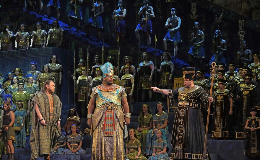 Quinn Kelsey as Amonasro, Morris Robinson as the King, and Dmitry Belosselskiy as Ramfis in Verdi's "Aida."