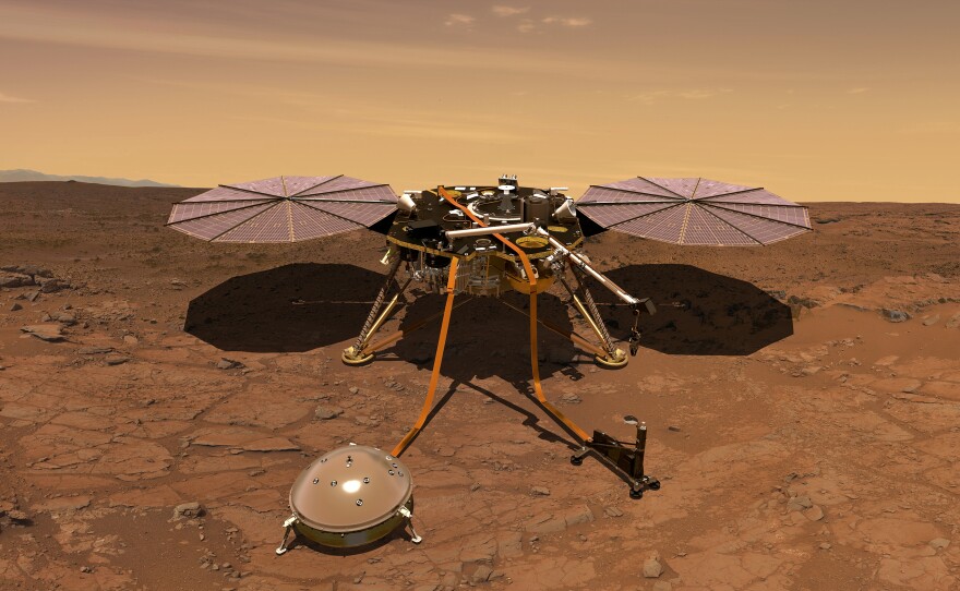 An artist's rendition of NASA's InSight lander, which is expected to launch on Saturday morning. InSight will monitor the Red Planet's seismic activity and internal temperature.