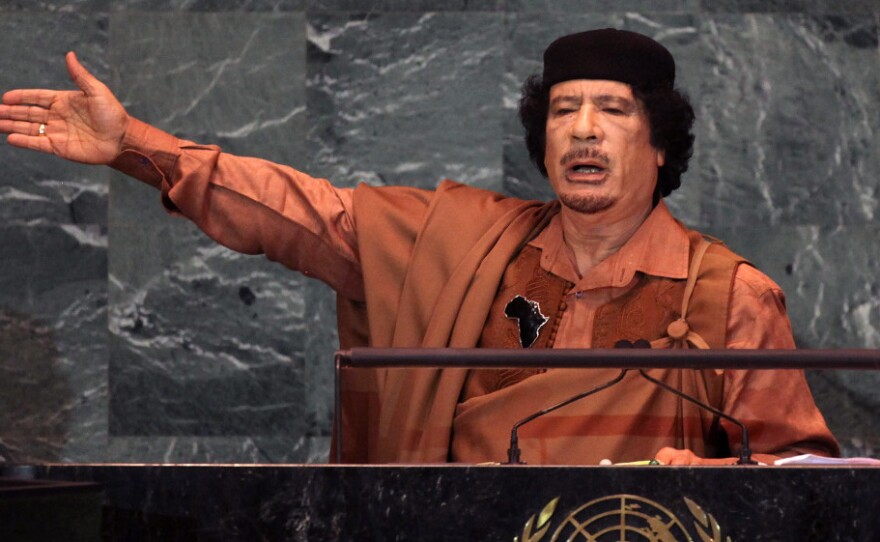 <p>The U.S. chose to play a limited role in the uprising against Moammar Gadhafi, shown here delivering a speech at the United Nations in 2009. He was killed in Sirte, Libya, on Thursday.</p>