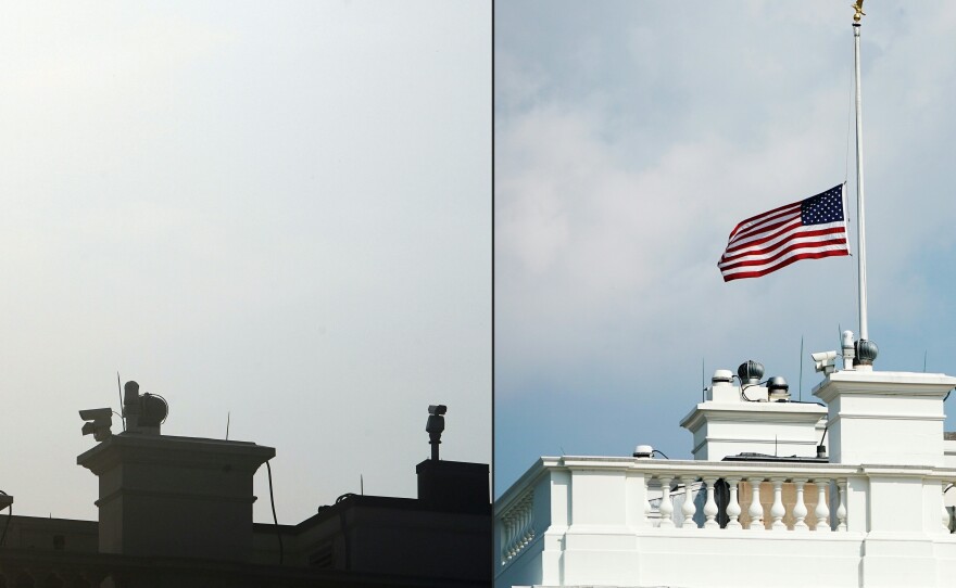 This combination of pictures created on Monday shows the U.S. flag above the White House.