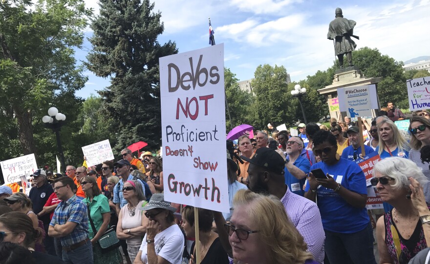 Hundreds of protesters greet Education Secretary Betsy DeVos this week in Denver, where she addressed the American Legislative Exchange Council.