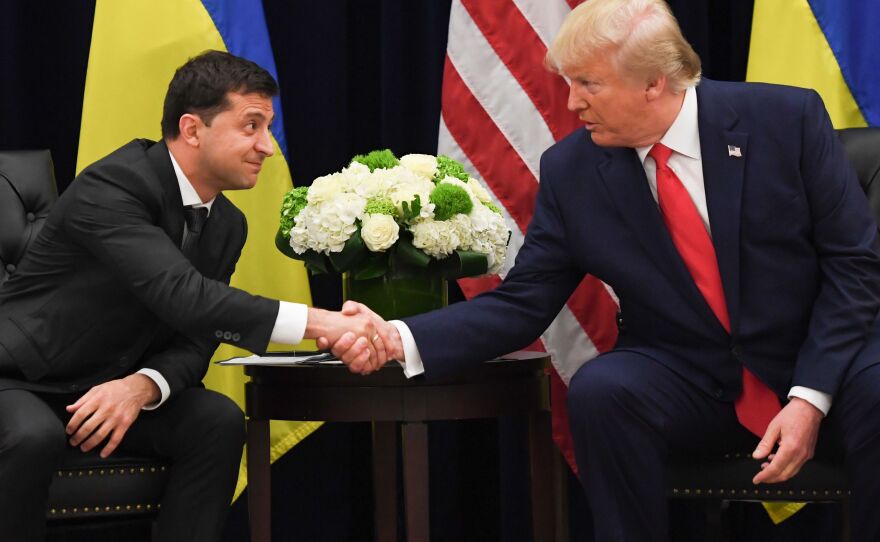 Zelenskiy shakes hands with President Trump during a meeting on the sidelines of the United Nations General Assembly on Sept. 25.