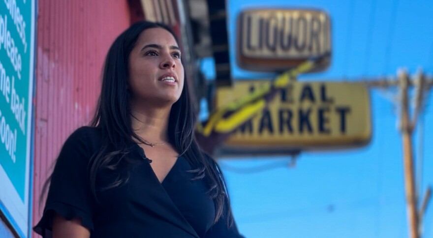 San Diego County Community Health Program Specialist Kate Mahoney is shown outside Ideal Market on November 21, 2023.