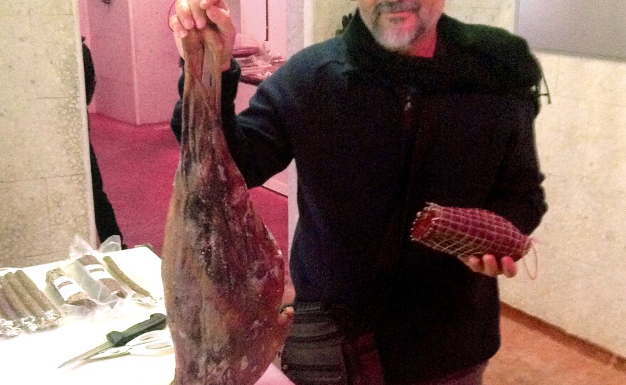 Faysal Mrad Dali inside his curing facility with several of his Balkis Gourmet products. He cures his racks of of lamb legs for a minimum of six months and uses fresh local spices — thyme, paprika, oregano.