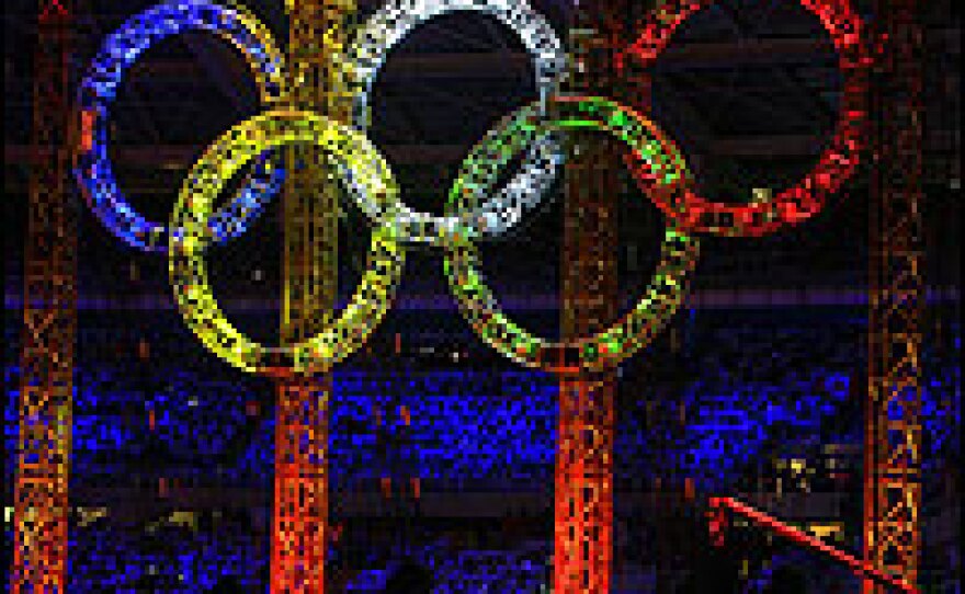 A view of the Olympic rings during the opening ceremony of the 2006 Winter Olympics at the 35,000-seater Stadio Olimpico in Turin, Feb. 10.