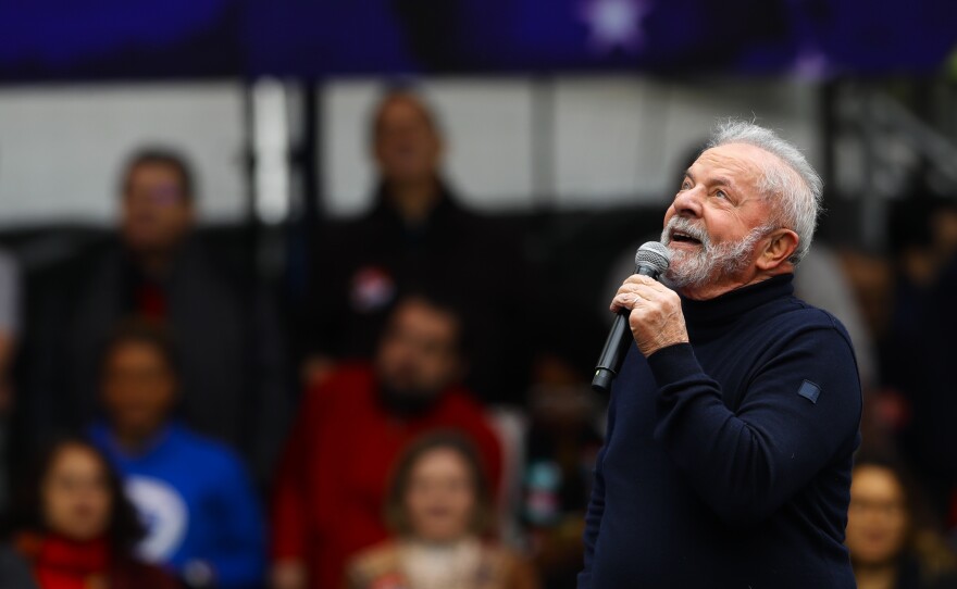 Brazil's former President Luiz Inacio "Lula" da Silva, who is campaigning to return to the job, speaks during a rally in São Paulo, Brazil, on Saturday. Brazilians go to the polls in their presidential election on Oct. 2.