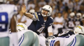 San Diego Chargers quarterback Brad Sorensen gestures before a play against the Dallas Cowboys during the second half of an NFL preseason football game, Aug. 13, 2015 in San Diego.