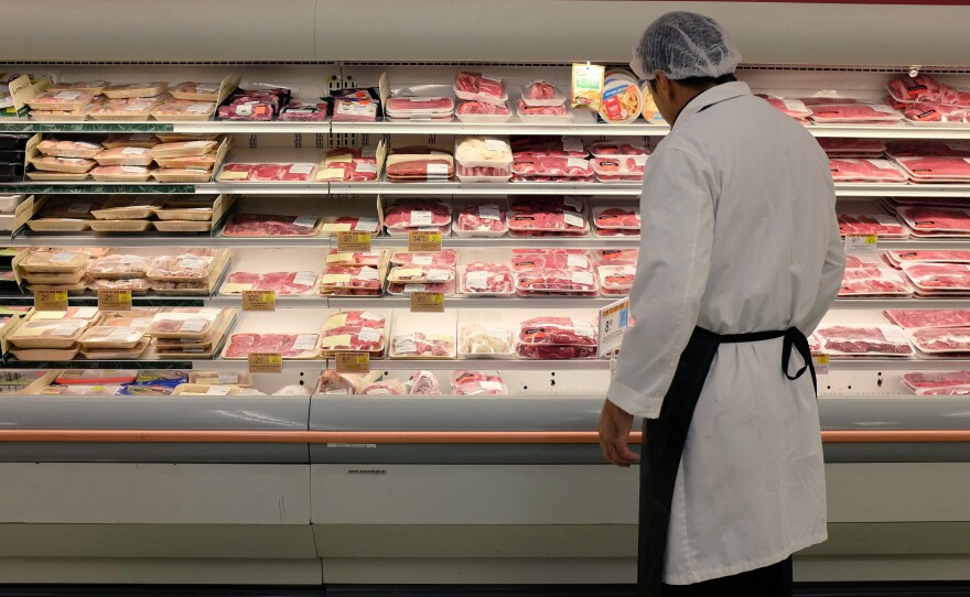 Meat is displayed in a case at a grocery store in Miami. The index of retail prices for meats, poultry, fish and eggs was up 7.7 percent from a year ago — more than triple the overall inflation rate.