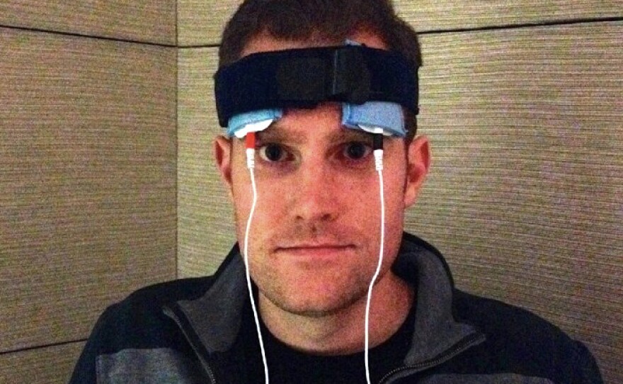 Jared Seehafer wearing his home made tDCS machine.