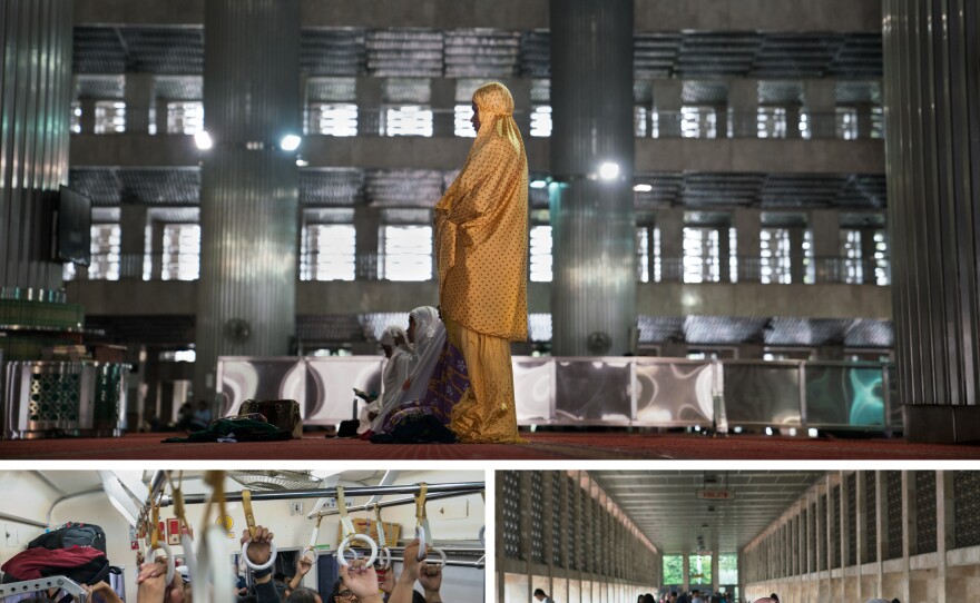 Top: People worship at noon prayers at Jakarta's Istiqlal mosque, the largest mosque in Southeast Asia. Left: A crowded Jakarta commuter line train. Right: Women walk through Istiqlal mosque.