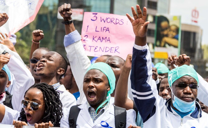 Health care workers stage a protest during the ongoing doctors' strike in Kenya.