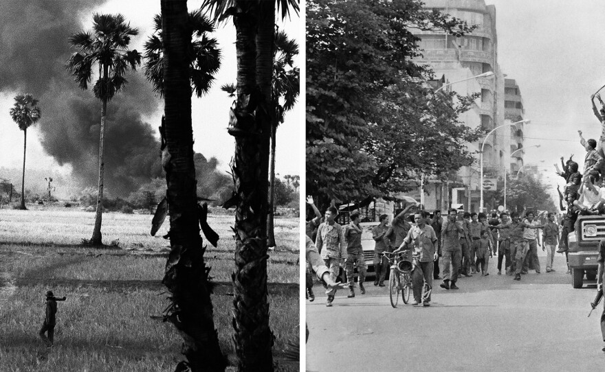 The brutal Khmer Rouge regime left Cambodia's economy in tatters, and many of the country's mangrove forests were cut down to make charcoal. On the left, a battle unfolds outside Phnom Penh in 1973. On the right, an image taken as the Khmer Rouge entered Phnom Penh, Cambodia, in 1975. 