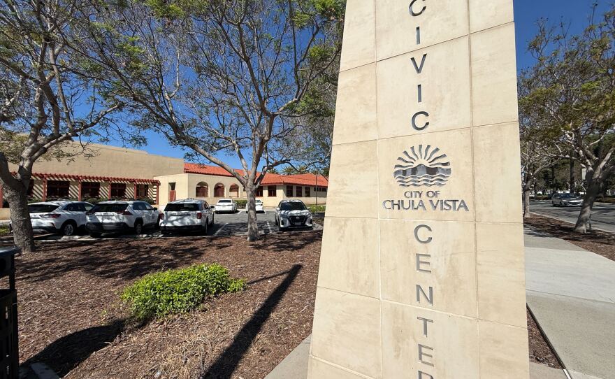 A sign at Chula Vista Civic Center is pictured on a sunny day, March 19, 2026.