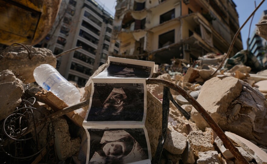 Sonogram images of a baby lie among the rubble of a destroyed building that was hit a week ago in an Israeli airstrike, in central Beirut, Lebanon April 16, 2026.