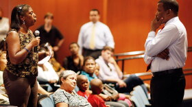 Lolita Miller asks Rep. Kendrick Meek (D-FL) a question during a health care town hall meeting he held earlier this month in Hallandale, Fla.