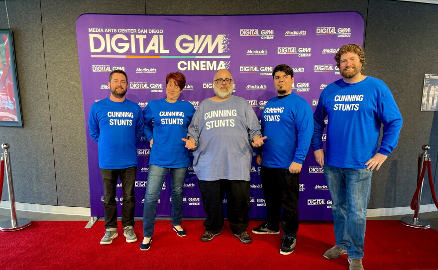 The volunteer programmers of Film Geeks SD — (left to right, John Von Gunten, Beth Accomando, Joshua Sutton, Sterling Anno and Matt Rotman — at the screening of "DeathCheaters," an Australian action film about a pair of stuntmen who run Cunning Stunts. May 28, 2023