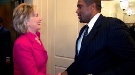 Secretary of State Hillary Clinton and Tavis Smiley, host of "Tavis Smiley Reports," are pictured after Smiley’s interview for “One On One With Hillary Clinton,” in which Smiley travels and talks with Clinton about her first year as America’s chief diplomat.