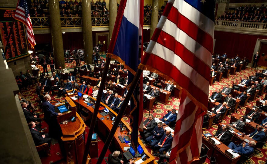 Gov. Mike Parson presents the Missouri State of the State address to a joint gathering of the House and Senate on Wednesday, Jan. 19, 2022, at the state capitol in Jefferson City, Mo.