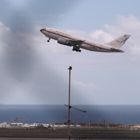 A Spanish government plane takes off with passengers from the hantavirus-stricken cruise ship MV Hondius at the airport in Tenerife, Canary Islands, Spain, Sunday, May 10, 2026.