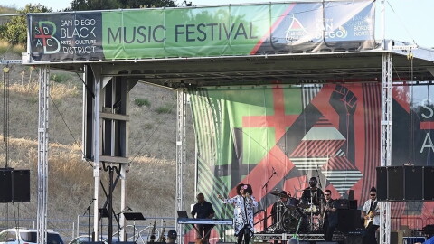A band performs during the San Diego Black Arts and Culture Music Festival at Martin Luther King Jr. Park on June 29, 2024.