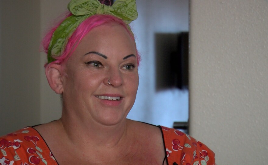 Interfaith Community Services graduate Jennifer Kacizak in her room in Escondido on October 13, 2020. Kacizak was diagnosed with breast cancer in 2014. The toll of treatment caused her to be homeless and seek services from Interfaith that have now helped her get into permanent housing.