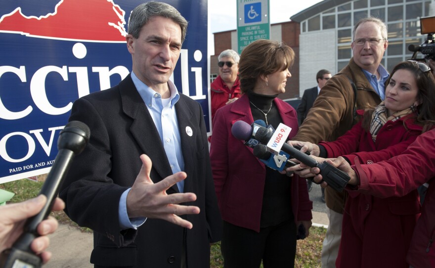 Ken Cuccinelli, the Republican nominee for Virginia governor, speaks with the news media after casting his ballot in Nokesville, Va., on Tuesday.