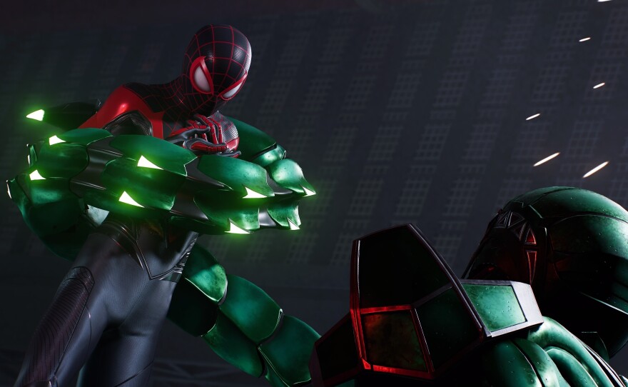 Miles confronts Scorpion, a returning supervillain in Marvel's Spider-Man 2.