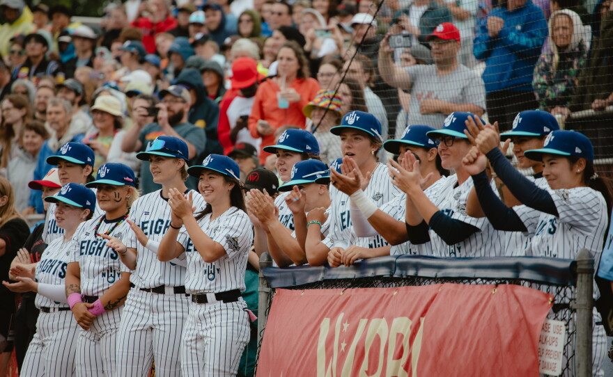 New York Heights players and fans prior to the start of the WPBL's inaugural game on Saturday, Aug. 1.