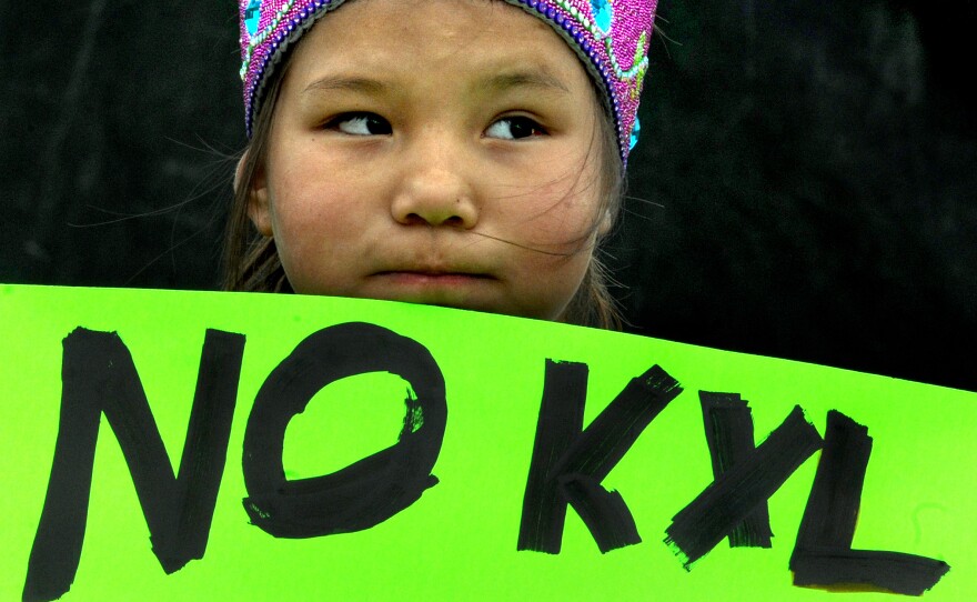 Shawnee Rae, age 8, among a group of Native American activists from the Sisseton-Wahpeton tribe protesting the Keystone XL Pipeline in Watertown, S.D. in 2015.