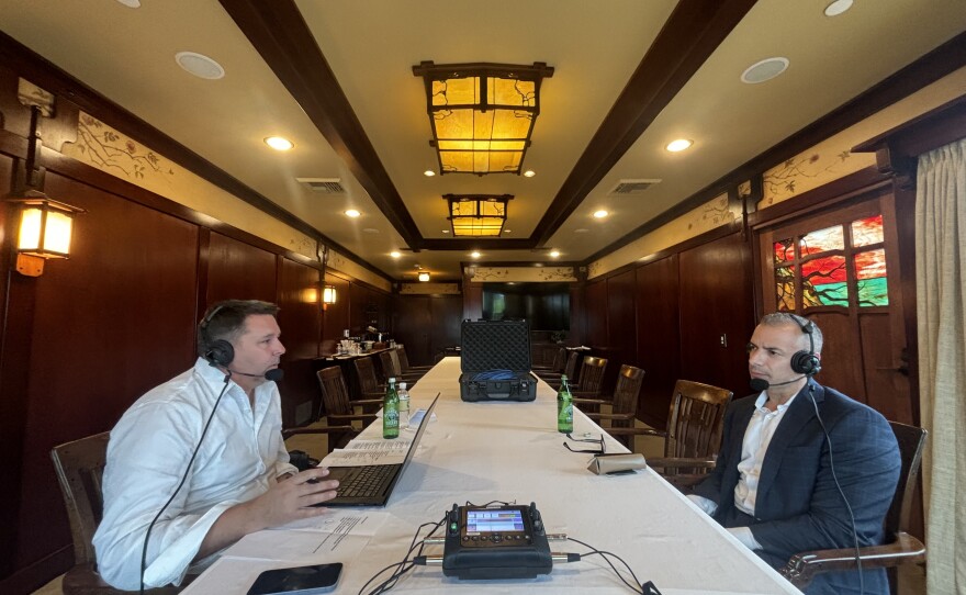KPBS Roundtable host Andrew Bracken (left) hosts a live interview with NPR Morning Edition and Up First host, A Martinez at The Lodge at Torrey Pines, Nov. 14, 2025.