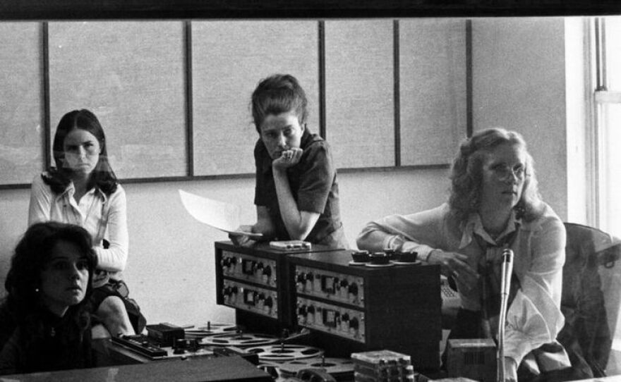 (From left) Renee Chaney, visitor Louisa Parker, Linda Wertheimer and Kris Mortensen, in the first <em>All Things Considered</em> studio in 1972.