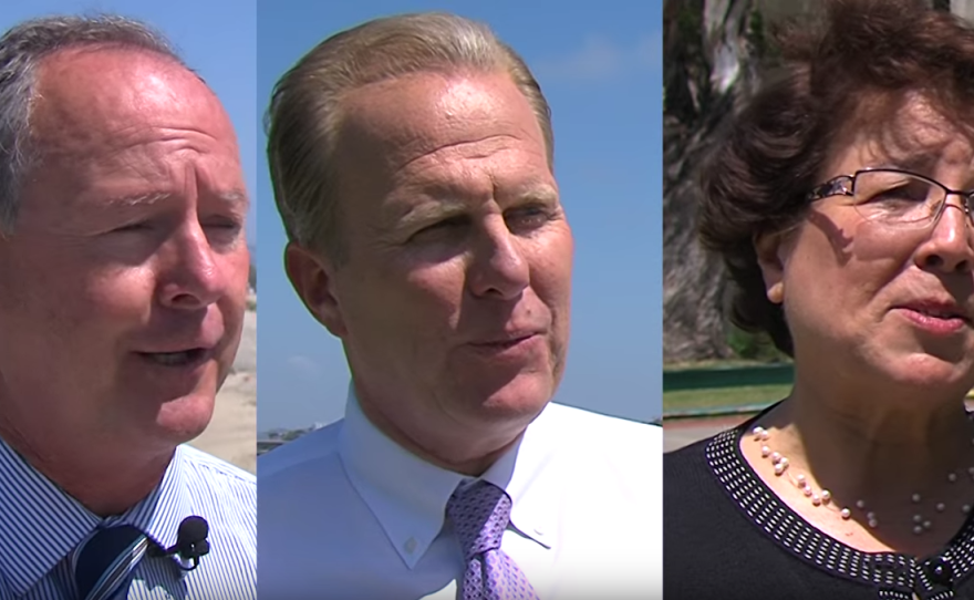 From left, San Diego mayoral candidates Ed Harris, Kevin Faulconer and Lori Saldaña.