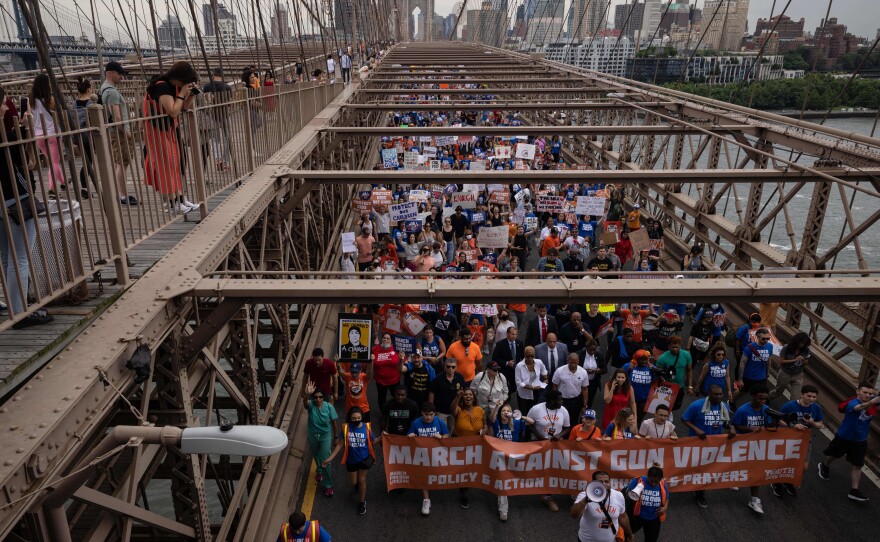 Brooklyn, N.Y.: Demonstrators march across the Brooklyn Bridge during the "March for Our Lives" rally.