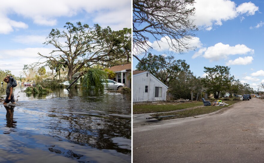 The Country Club Ridge community in North Port, Fla., as seen flooded with water from Hurricane Ian on Sept. 29 (left) and after the water receded Oct. 5 (right).
