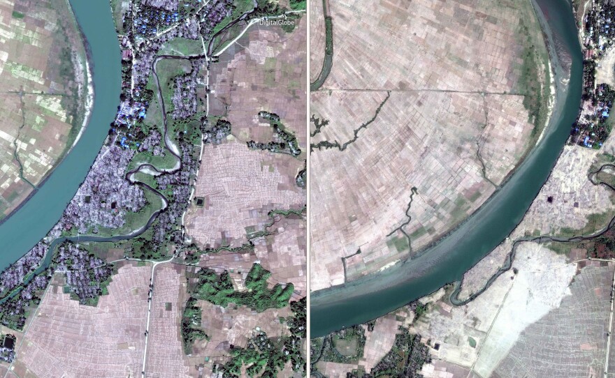 This composite image shows two satellite photographs of the same predominantly Rohingya village, Myar Zin, taken two months apart. The image on the left shows the village as it was on Dec. 2, and the one on the right shows it on Feb. 5, apparently leveled by Myanmar authorities in the intervening span.