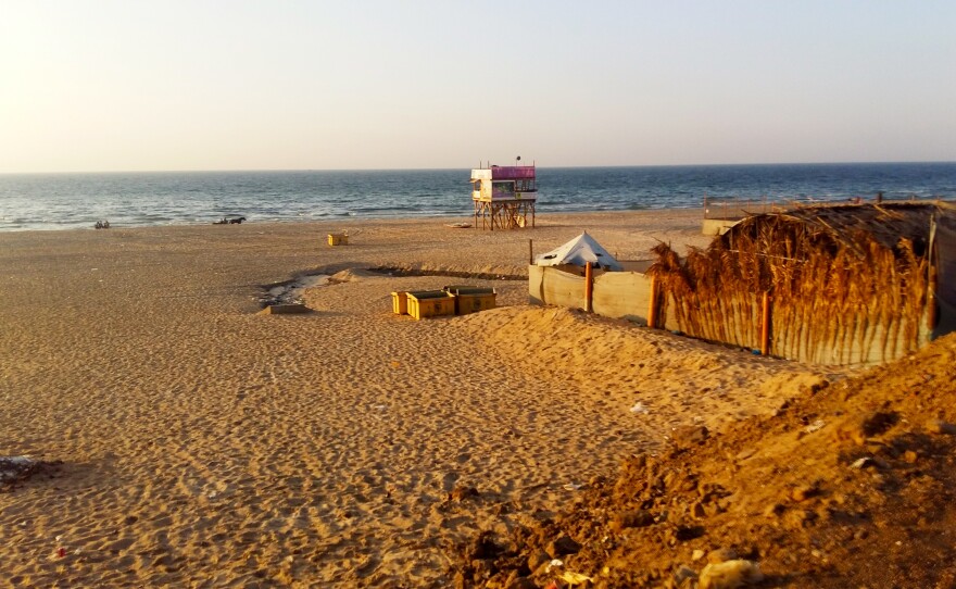 One of the surf beaches along Gaza's 25-mile Mediterranean coastline, with a lifeguard station.